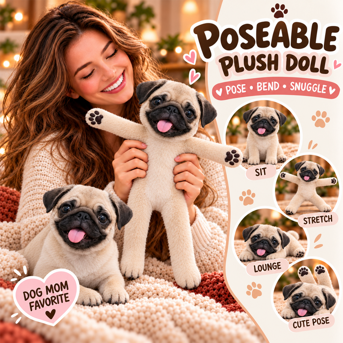 Personalized Pug Photo Pet Squishy Toy Poseable Plush Doll, Funny Gift For Dog Mom, Dad, Pet Lover T1807 T24 TL06