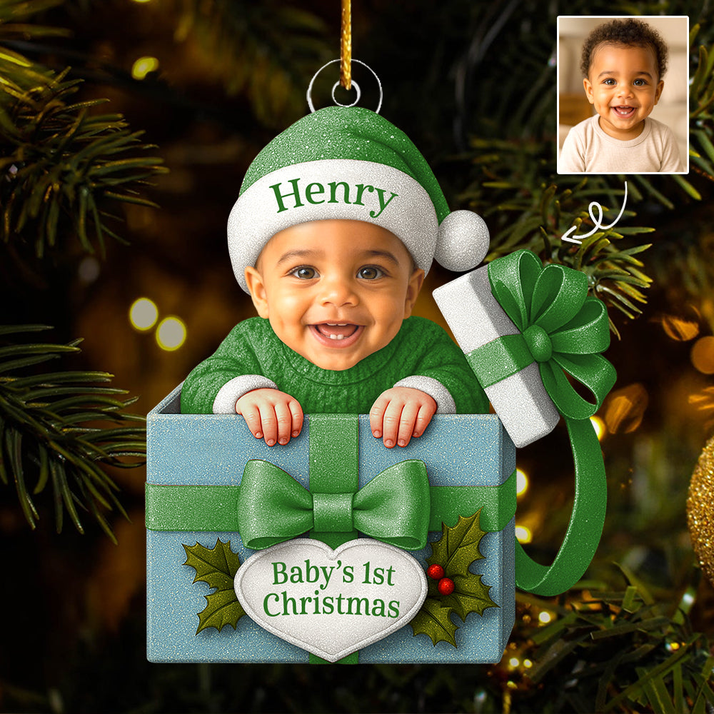 Baby Christmas Gift Box Acrylic Ornament, Personalized Baby Photo Christmas Ornament, Funny Newborn First Christmas Gift T1807
