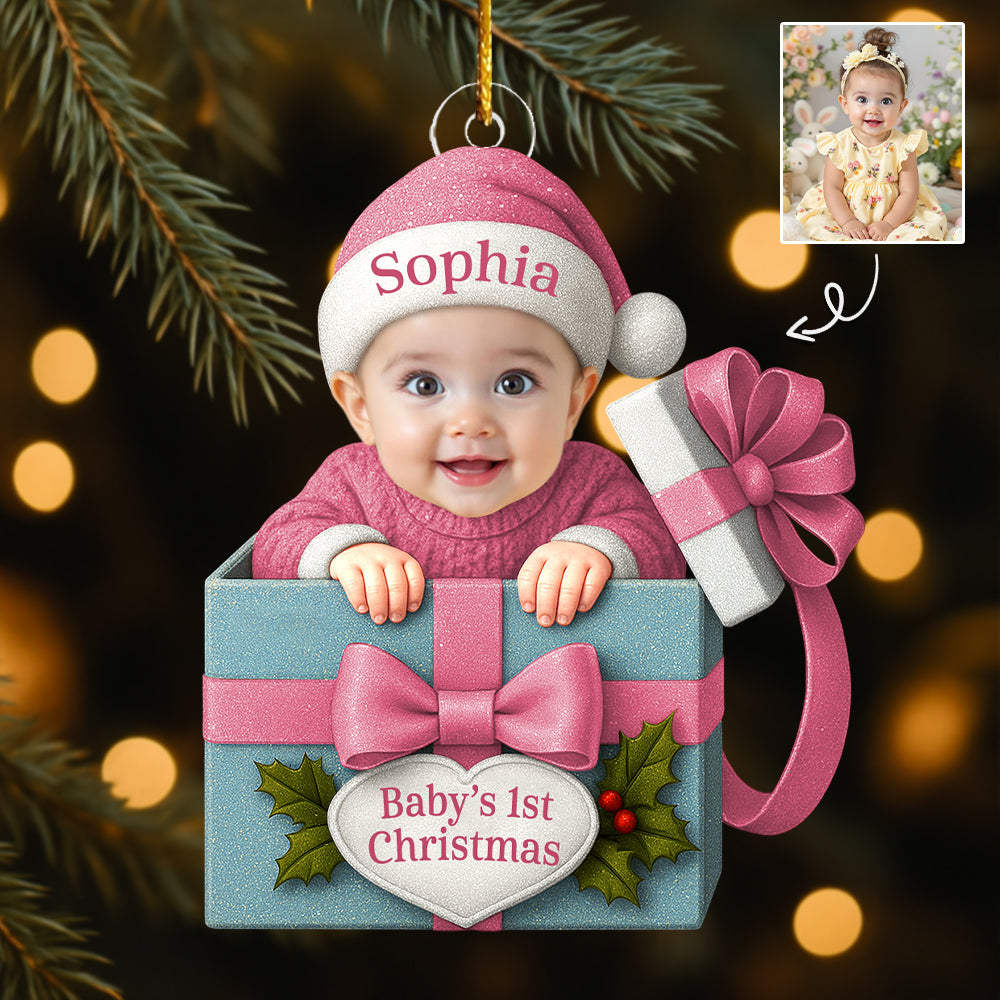 Baby Christmas Gift Box Acrylic Ornament, Personalized Baby Photo Christmas Ornament, Funny Newborn First Christmas Gift T1807