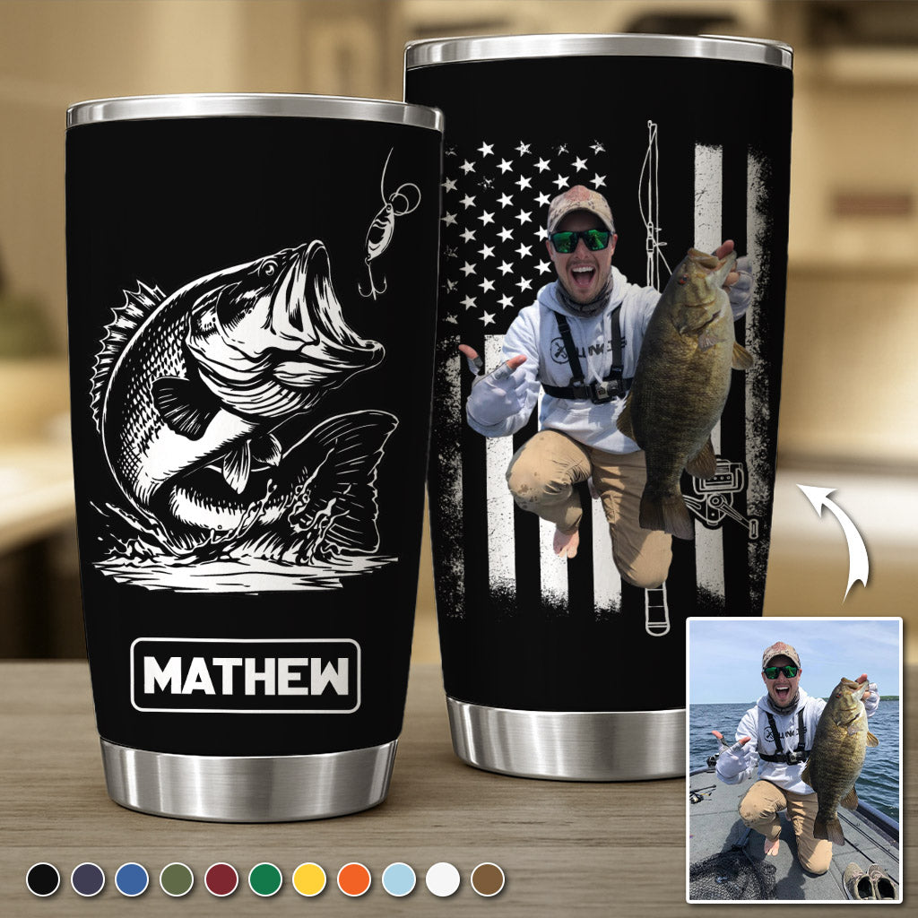 Fishing Gifts for Men Him Personalized Upload Photo Tumbler for Bass Fisherman, Largemouth Bass Tumbler for Him, Dad, Fathers Day Gifts, Lake Fishing Dad Pt99