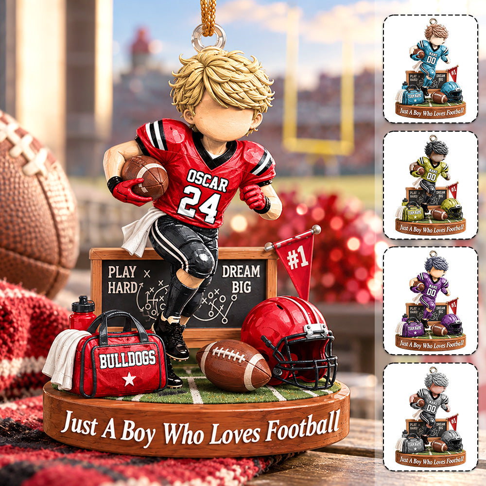 Personalized Just A Boy Who Loves Football Ornament, Custom Player Name & Number Gift, Christmas Keepsake T1807 Hv01
