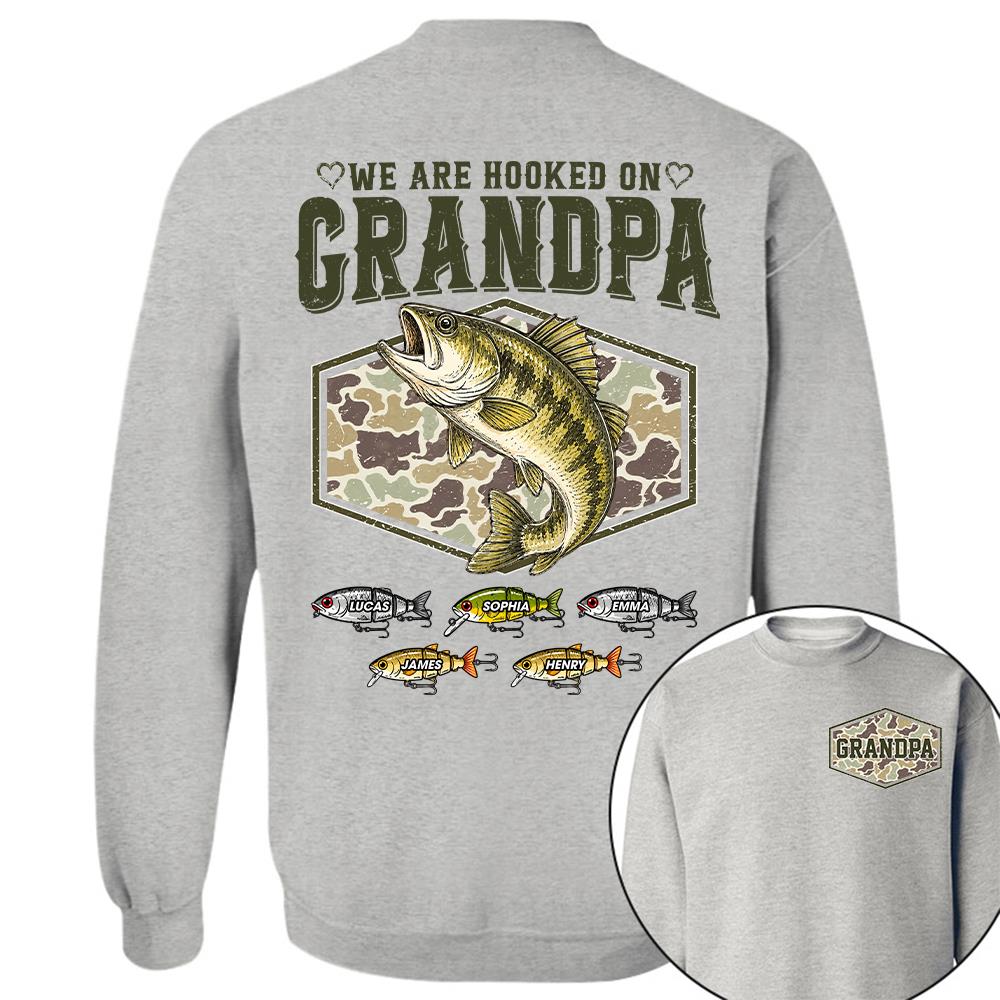 We Are Hooked On Grandpa Personalized Vintage Retro Fishing Shirt, Custom Fishing Gift for Dad, Father's Day Tee Na02 Hv01