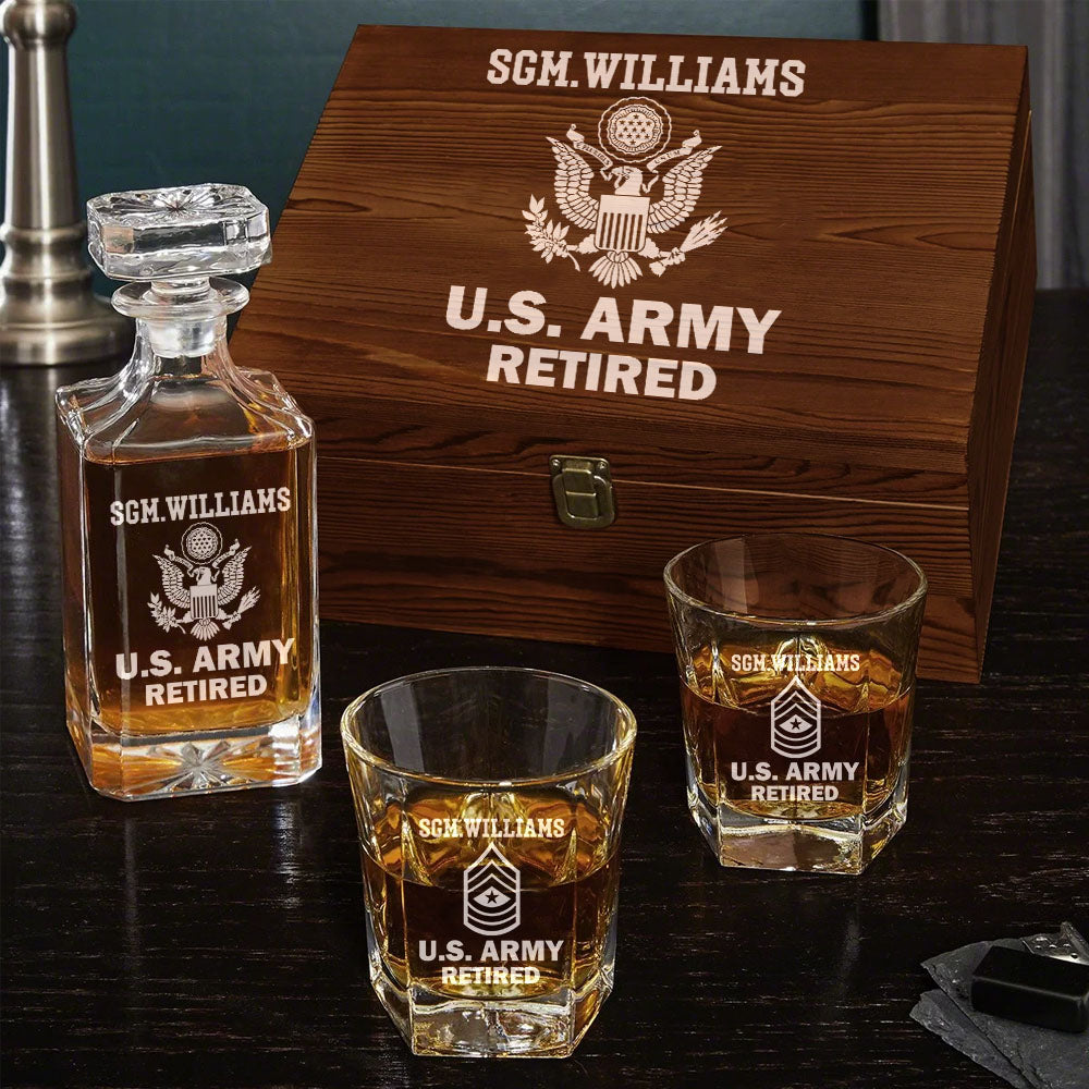 Custom Rank US Veteran Whiskey Decanter Set Gift for Veteran Military Retirement H2511