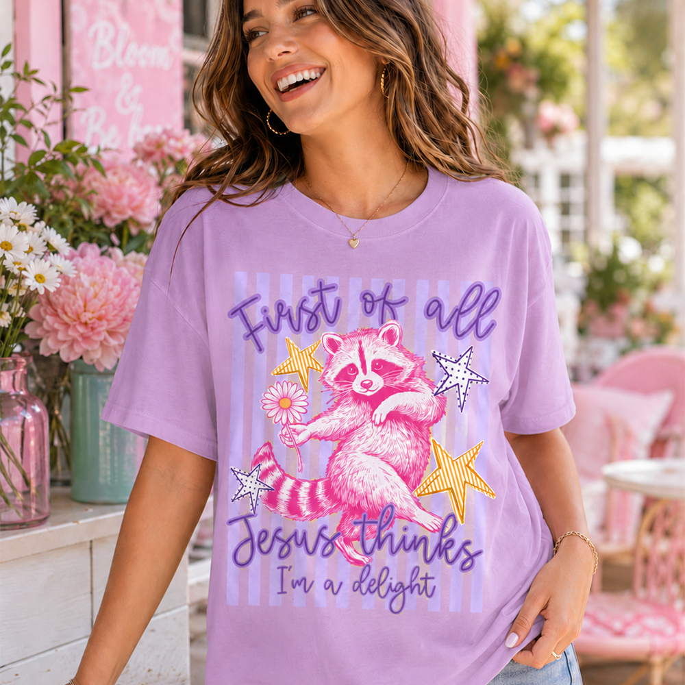 Custom First of All Jesus Thinks I'm A Delight Christian Humor T-shirt, Preppy Striped Summer, Funny Feral Raccoon, Dog, Cat Shirt Hv01