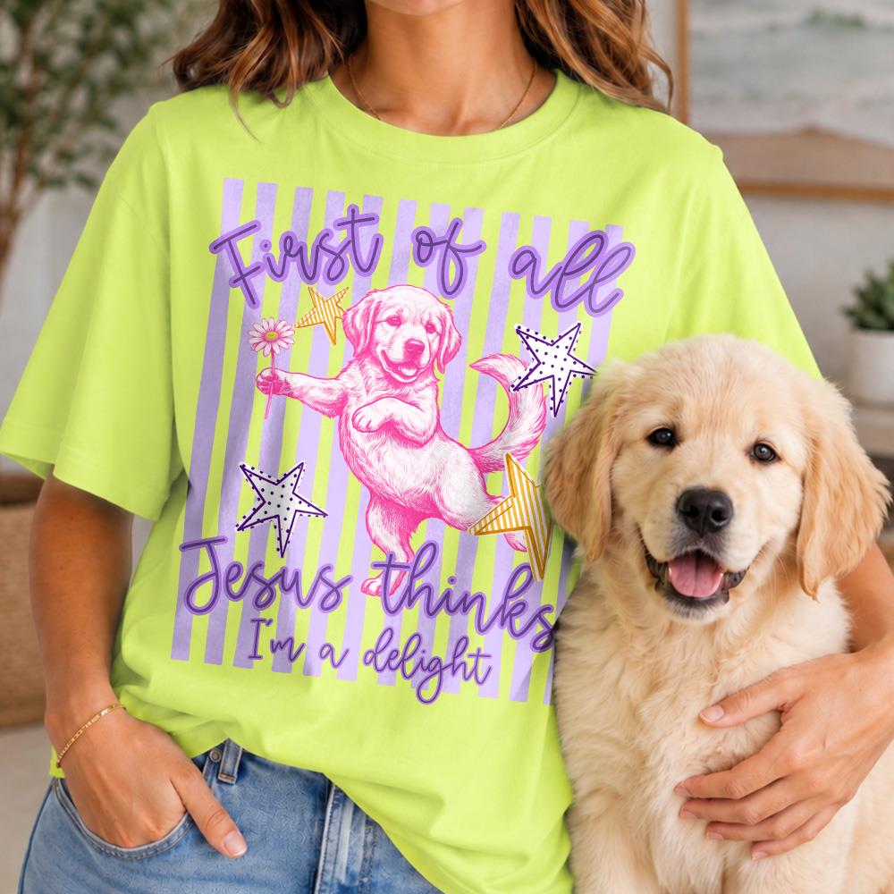 Custom First of All Jesus Thinks I'm A Delight Christian Humor T-shirt, Preppy Striped Summer, Funny Feral Raccoon, Dog, Cat Shirt Hv01