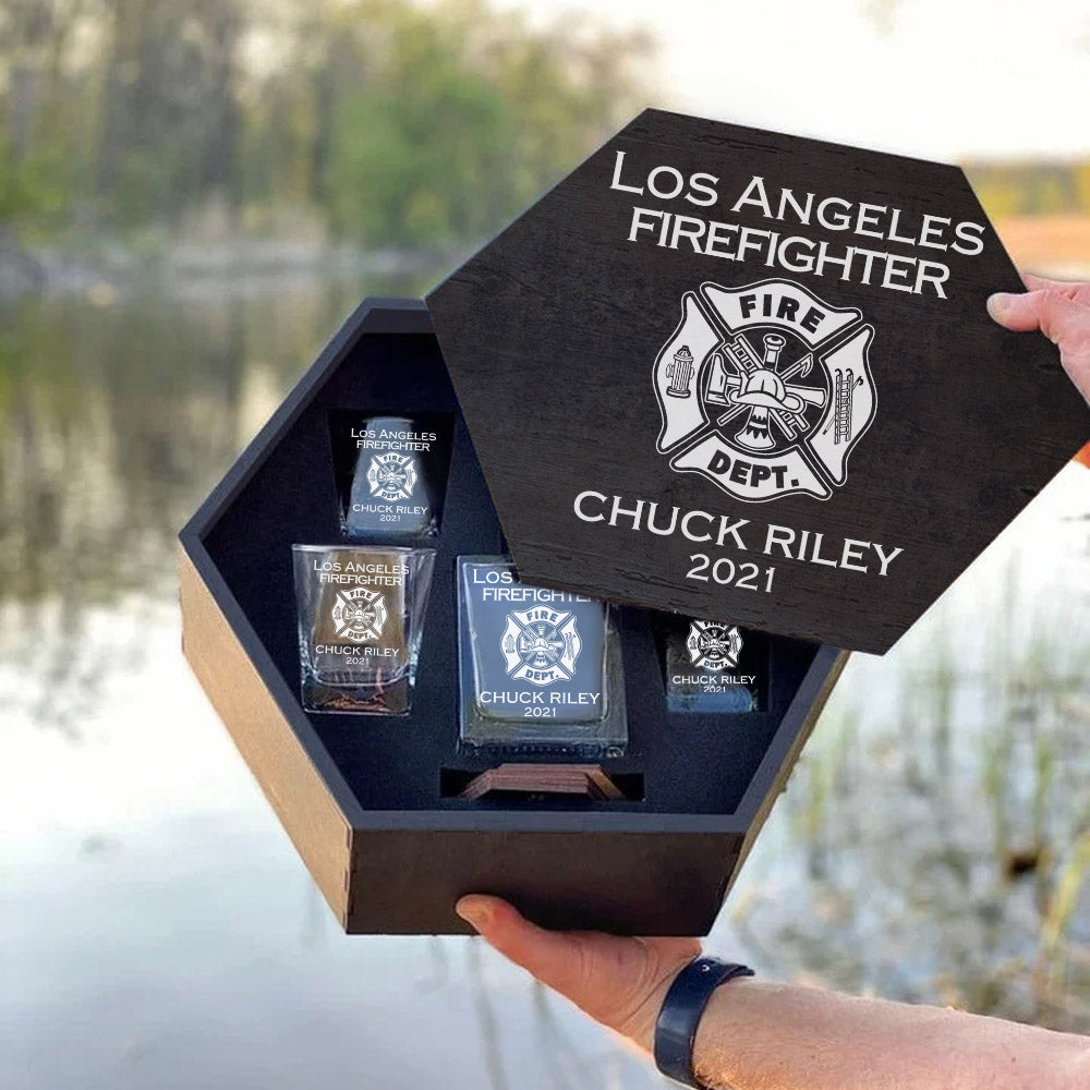 Custom EMS EMT Firefighter Decanter Set Custom Whiskey Hexagon Decanter Set Full First Responder Gift H2511