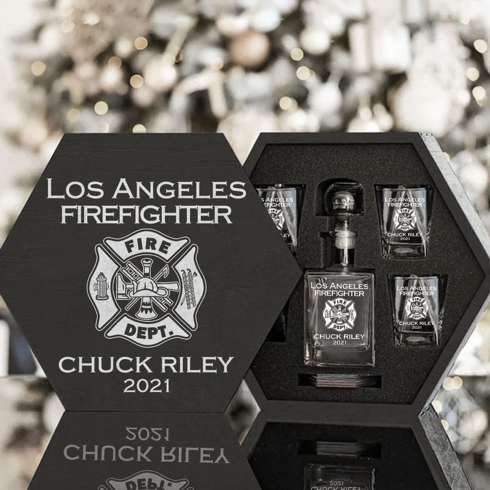 Custom EMS EMT Firefighter Decanter Set Custom Whiskey Hexagon Decanter Set Full First Responder Gift H2511