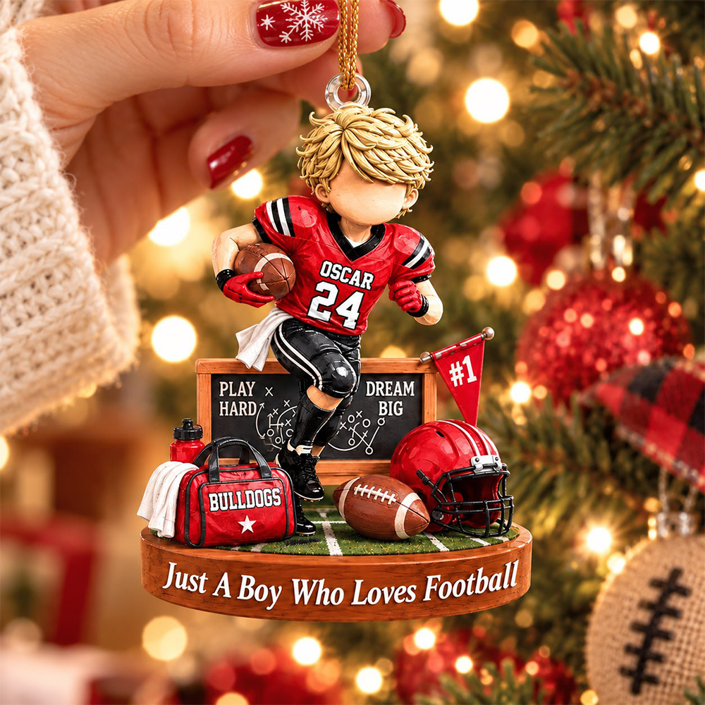 Personalized Just A Boy Who Loves Football Ornament, Custom Player Name & Number Gift, Christmas Keepsake T1807 Hv01