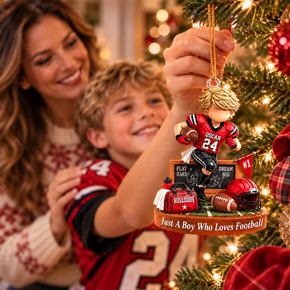 Personalized Just A Boy Who Loves Football Ornament, Custom Player Name & Number Gift, Christmas Keepsake T1807 Hv01