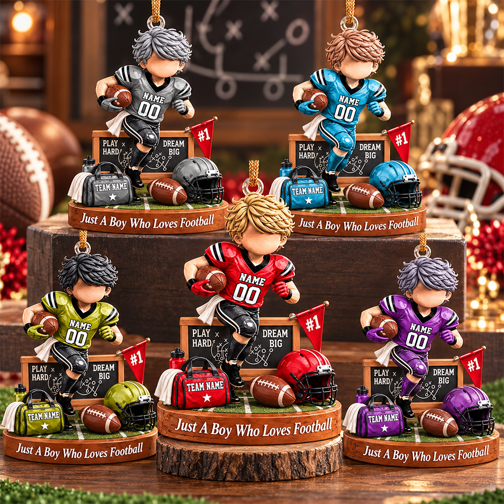 Personalized Just A Boy Who Loves Football Ornament, Custom Player Name & Number Gift, Christmas Keepsake T1807 Hv01