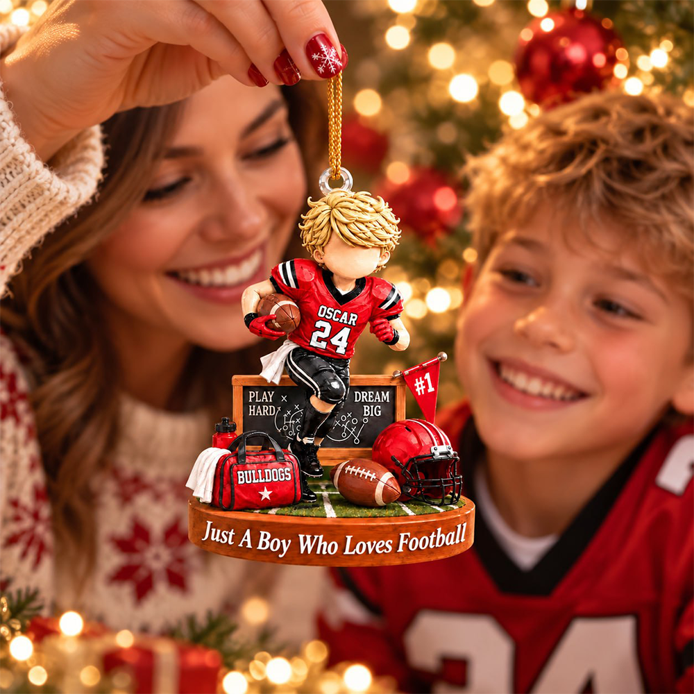Personalized Just A Boy Who Loves Football Ornament, Custom Player Name & Number Gift, Christmas Keepsake T1807 Hv01
