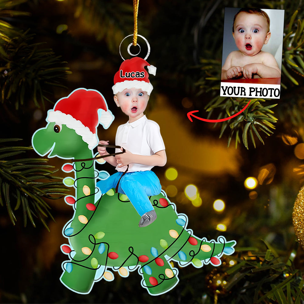 Cute Kid Rides The Dinosaur Kid Photo Personalized Acrylic Photo Ornament, Christmas Gift, Custom Photo Ornament, Funny Ornament