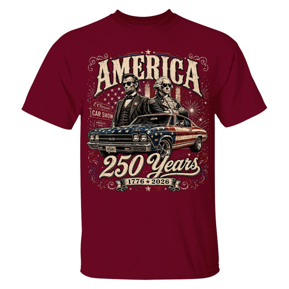 250 Years America Anniversary Classic Car Shirt, George Washington & Lincoln Playing Guitar, Funny 4th of July Tee For Car Lovers Hv01