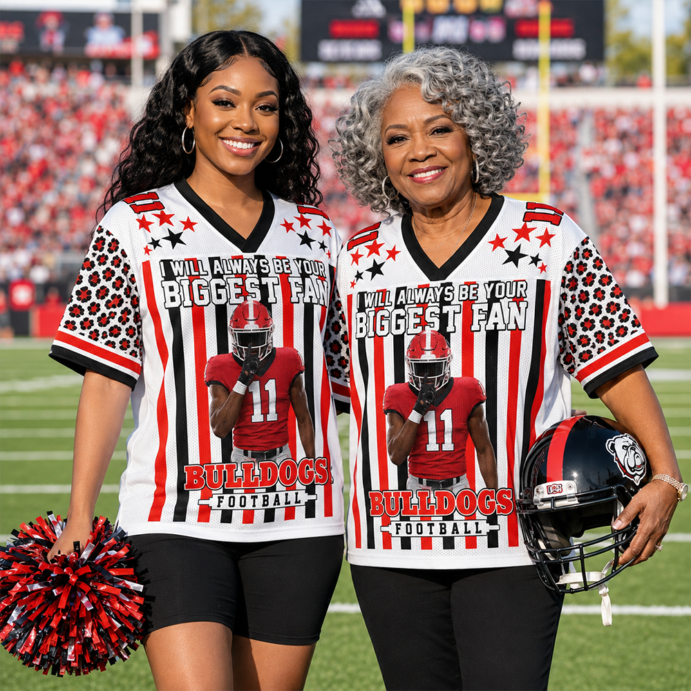 Personalized Football Jersey with Player Photo, Custom Team Name & Mascot, “I Will Always Be Your Biggest Fan” Gift for Football Mom & Grandma Hv01