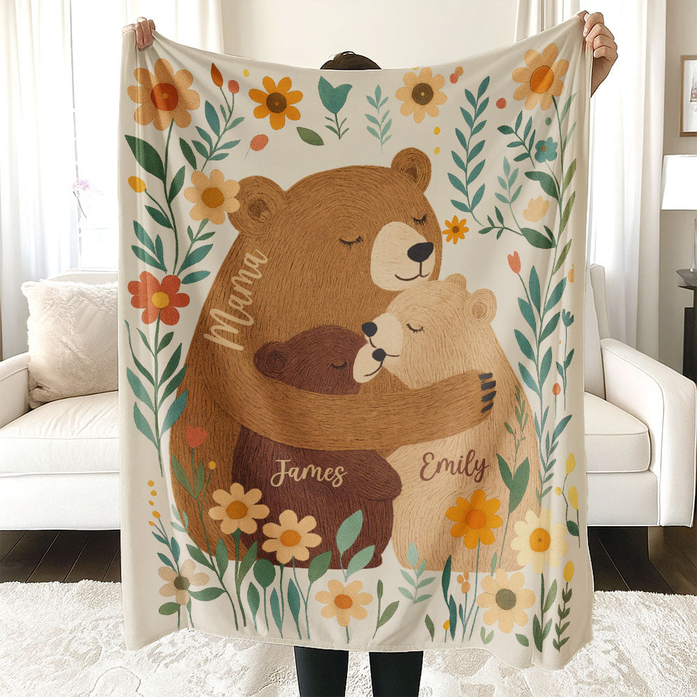 Personalized Mama Bear Flower Blanket, Custom Mother's Day Gift for Mom Grandma, Boho Wildflowers Mom Bear Quilt, Cottagecore Flower Gift Pt99