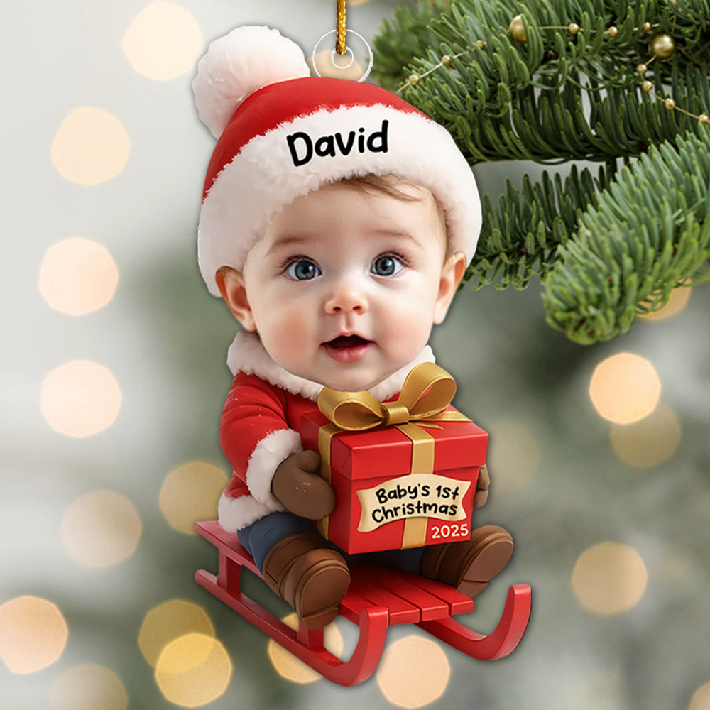 Baby Festive Cheer on a Sled - Custom Photo Baby’s 1st Christmas Acrylic Ornament A2110 Pt99