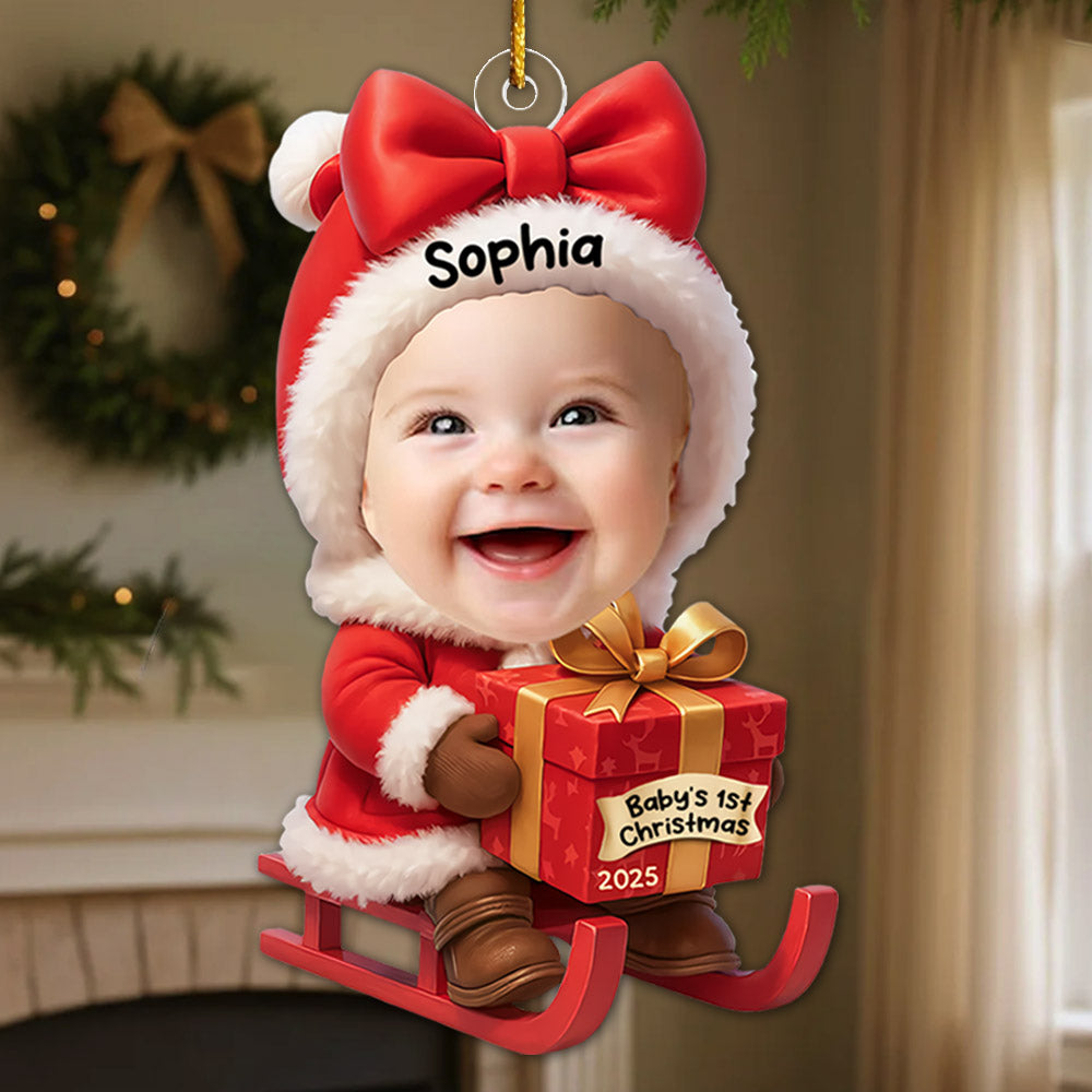 Baby Festive Cheer on a Sled - Custom Photo Baby’s 1st Christmas Acrylic Ornament A2110 Pt99