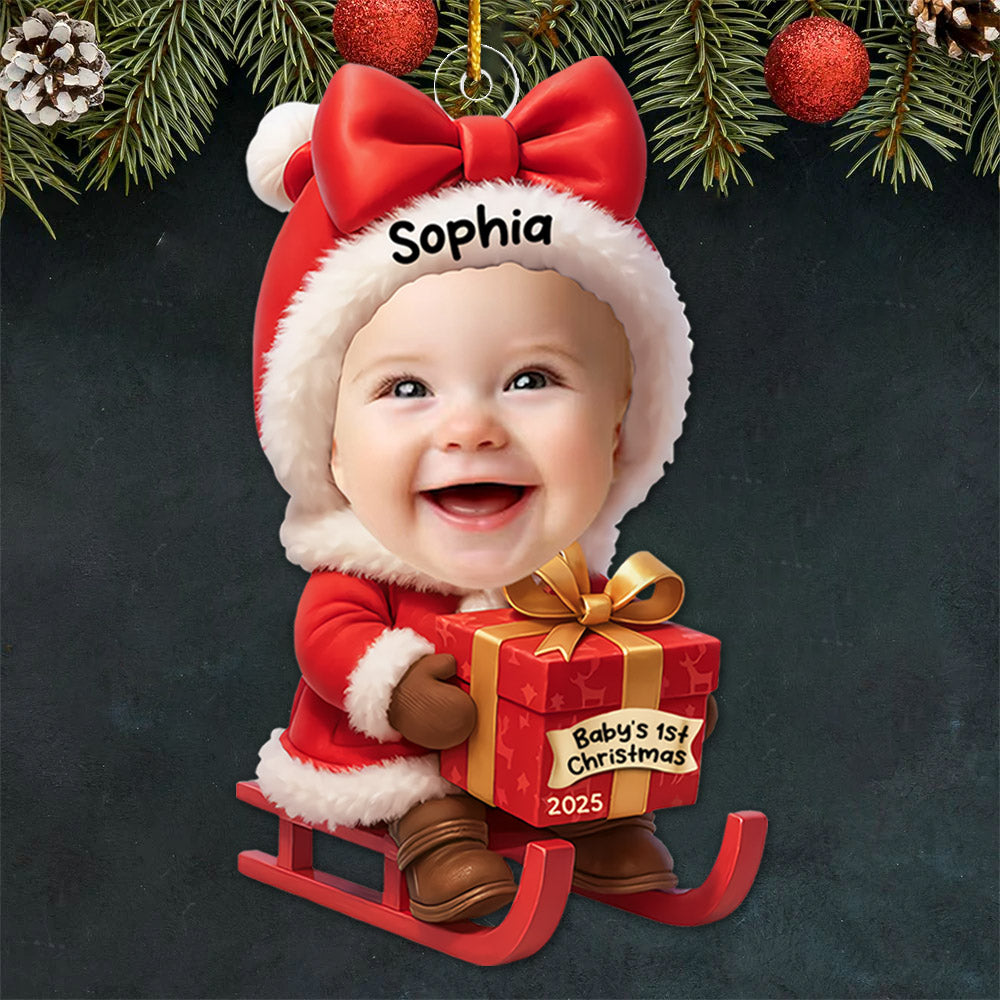 Baby Festive Cheer on a Sled - Custom Photo Baby’s 1st Christmas Acrylic Ornament A2110 Pt99