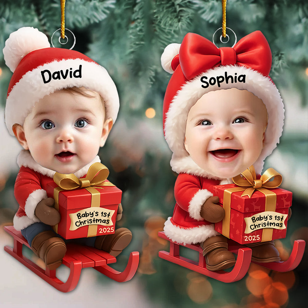 Baby Festive Cheer on a Sled - Custom Photo Baby’s 1st Christmas Acrylic Ornament A2110 Pt99