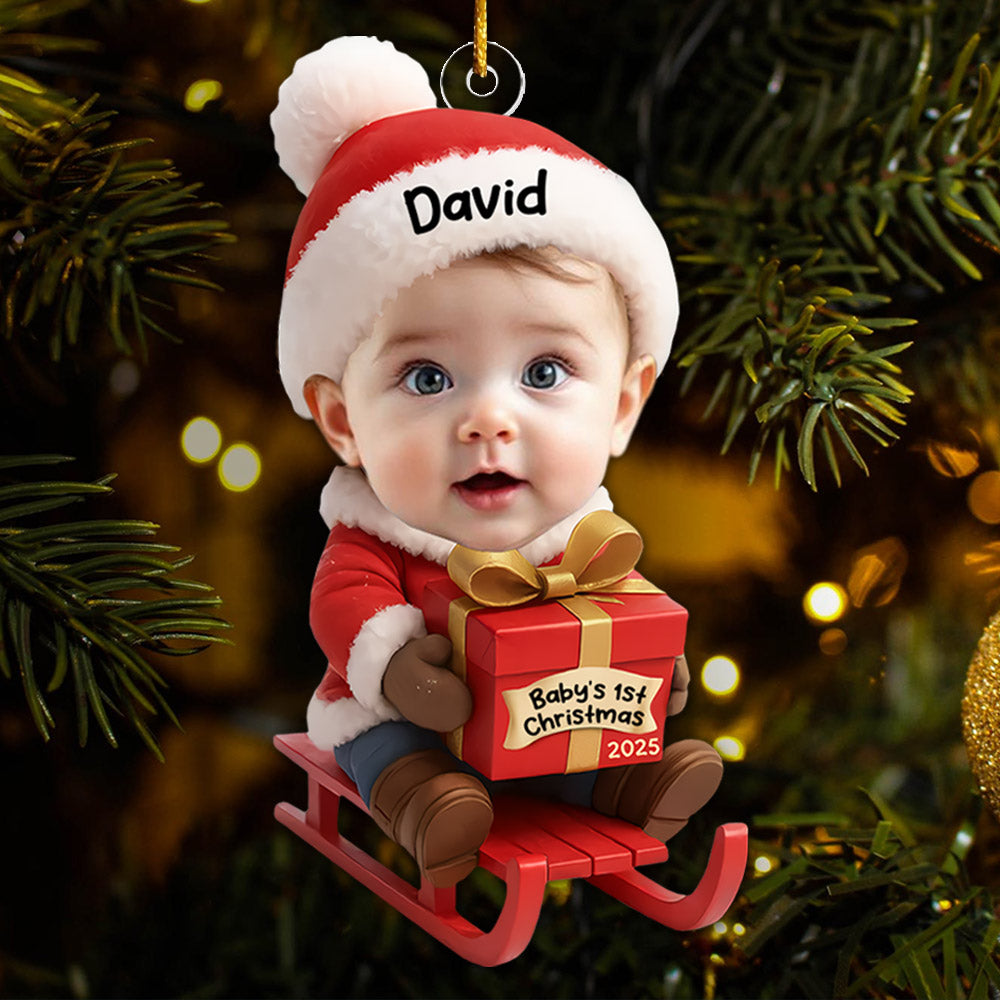 Baby Festive Cheer on a Sled - Custom Photo Baby’s 1st Christmas Acrylic Ornament A2110 Pt99