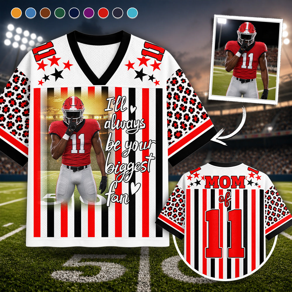 Personalized Football Jersey Shirt with Photo, Custom Team Name & Mascot, Black Gold Leopard Game Day Gift for Mom, Dad & Grandma Hv01