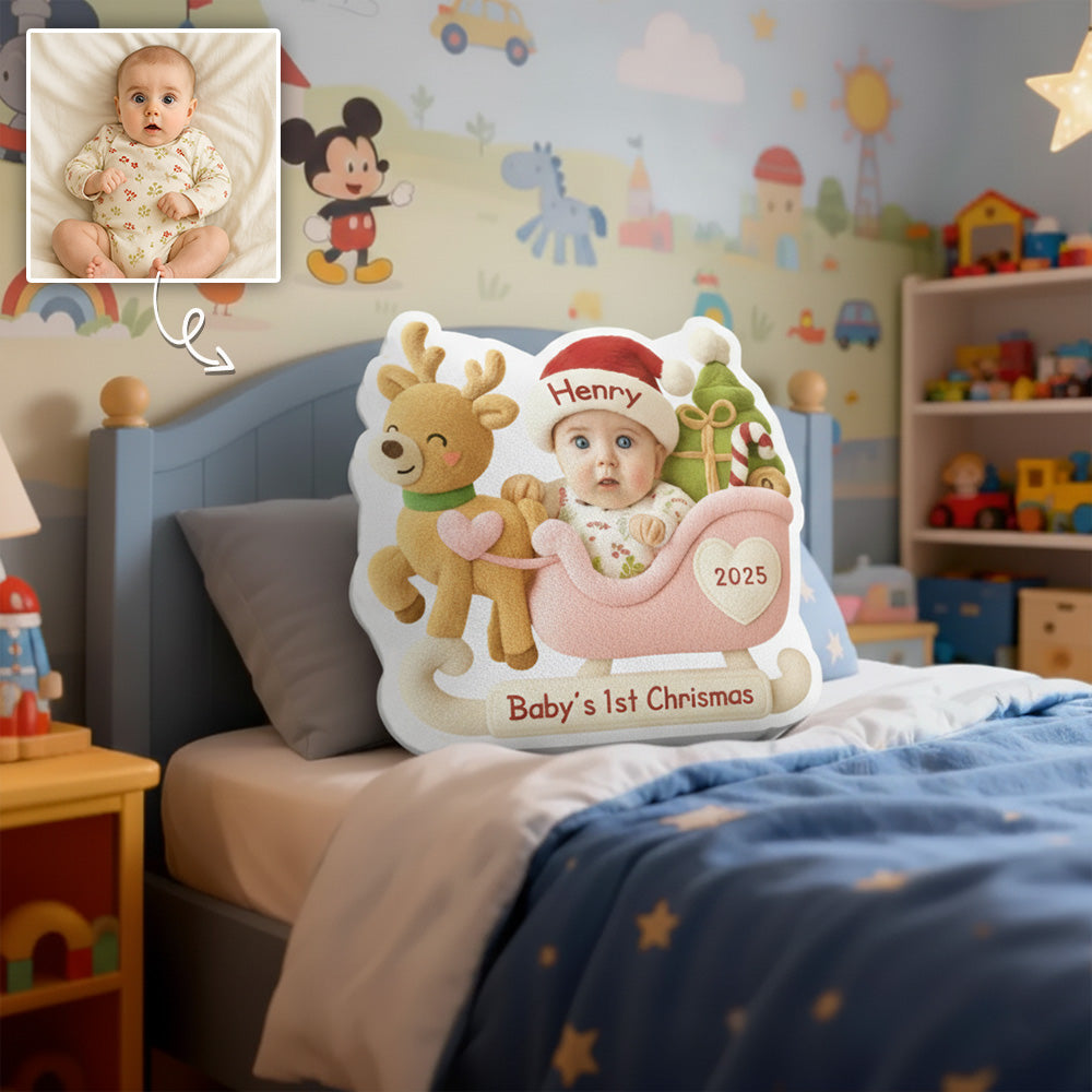 Baby In Reindeer Sleigh - Custom Upload Photo Baby Ugly Plush Pillow Pt99