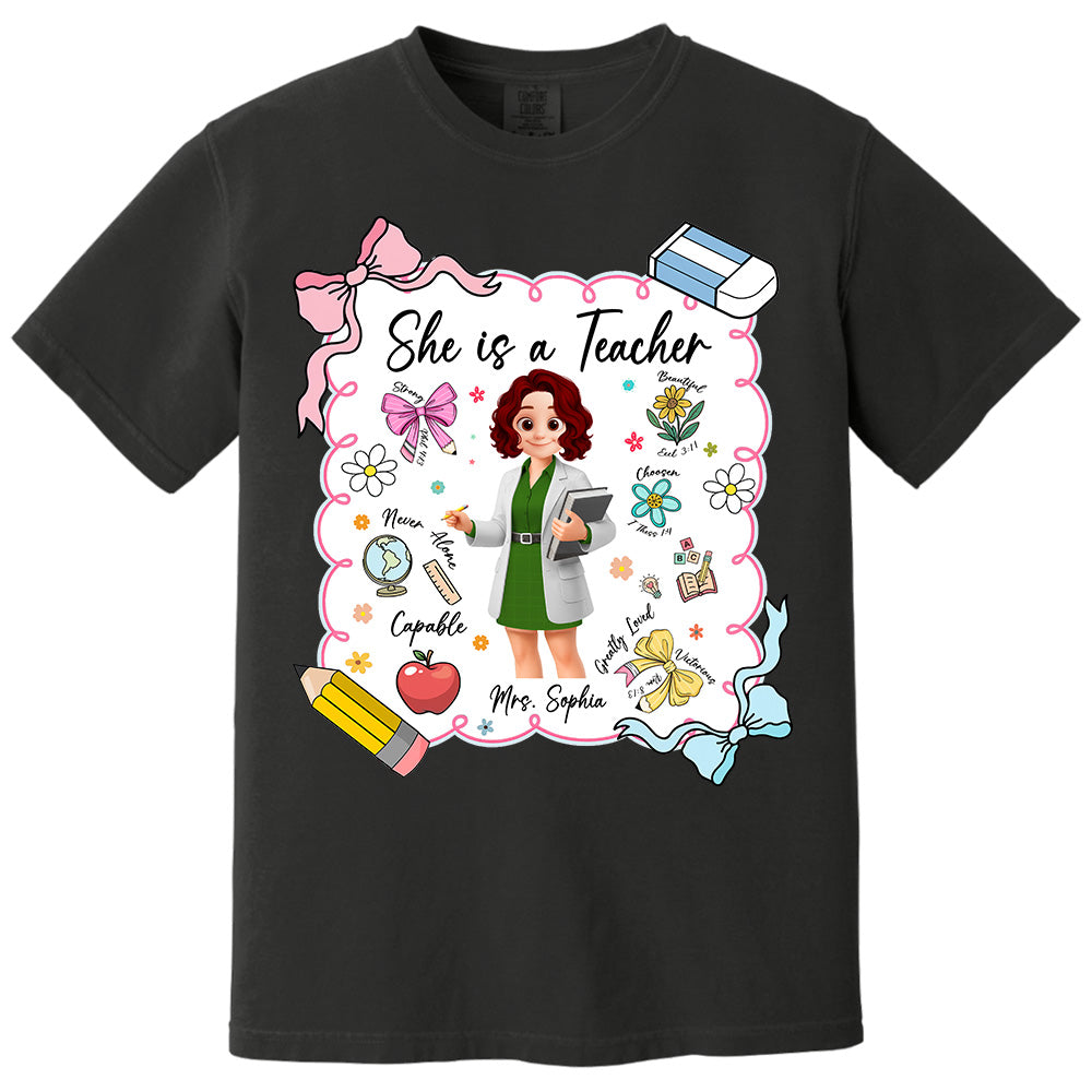 Personalised She Is A Teacher Shirt, Custom Name Teacher Appreciation Gift T1807 Pt99