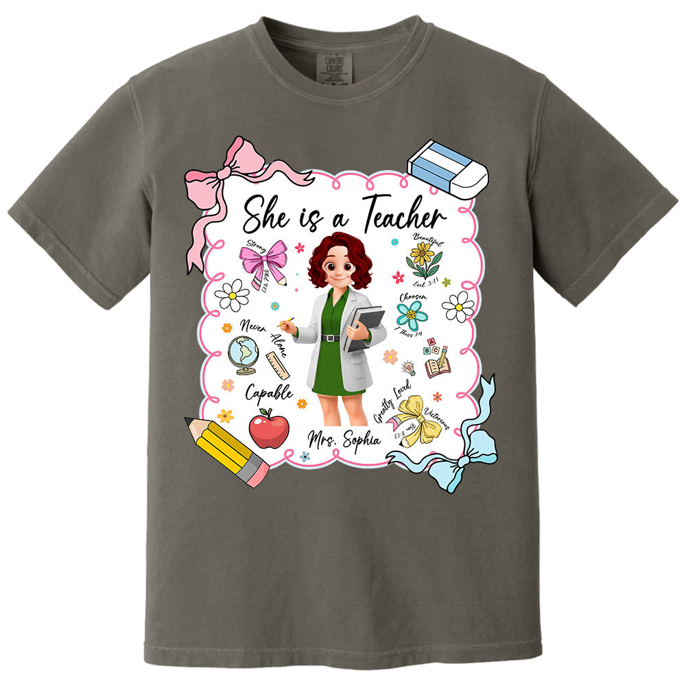 Personalised She Is A Teacher Shirt, Custom Name Teacher Appreciation Gift T1807 Pt99