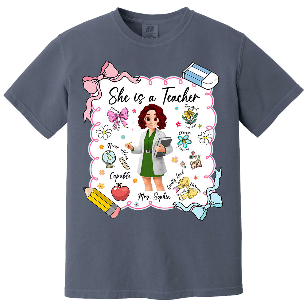 Personalised She Is A Teacher Shirt, Custom Name Teacher Appreciation Gift T1807 Pt99