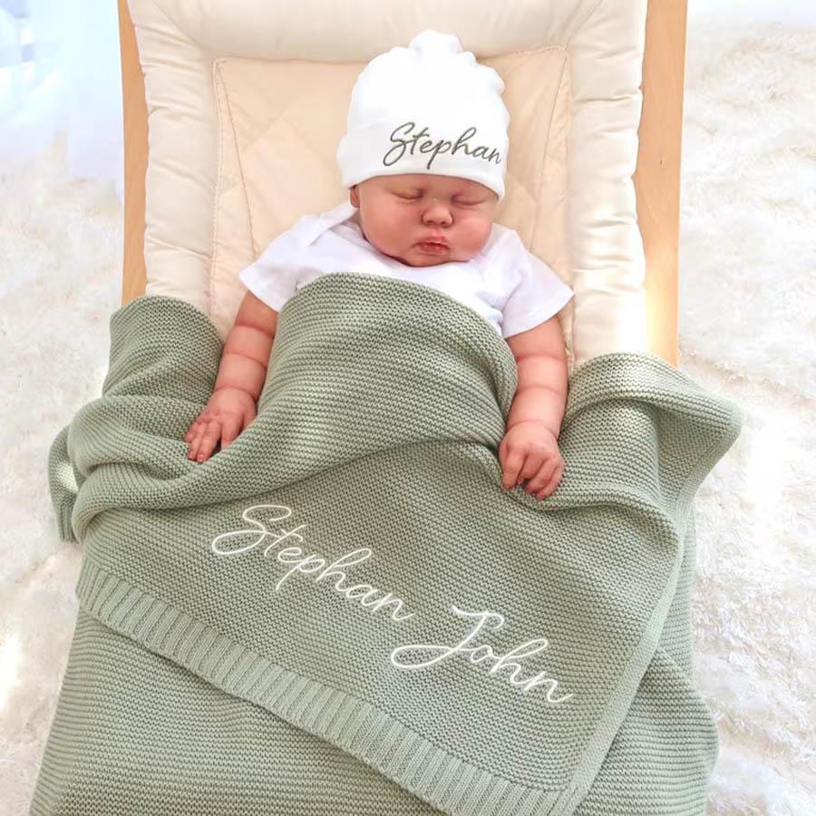 Embroidered Knit Baby Blanket, Soft Cotton Knit Baby Blanket, Custom Baby Name Blanket, Baby Shower Gift, Newborn Blanket, Keepsake Gift for Baby Pt99