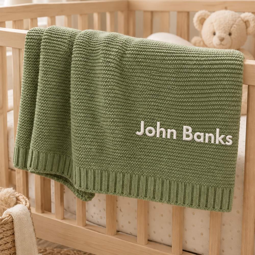 Embroidered Knit Baby Blanket, Soft Cotton Knit Baby Blanket, Custom Baby Name Blanket, Baby Shower Gift, Newborn Blanket, Keepsake Gift for Baby Pt99