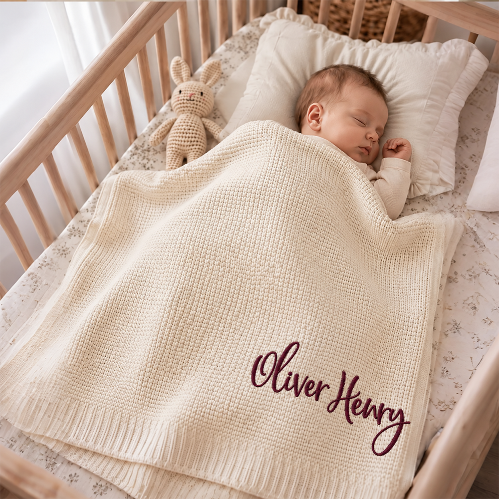 Embroidered Knit Baby Blanket, Soft Cotton Knit Baby Blanket, Custom Baby Name Blanket, Baby Shower Gift, Newborn Blanket, Keepsake Gift for Baby Pt99