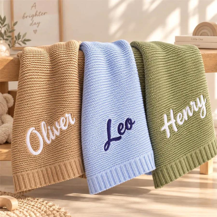 Embroidered Knit Baby Blanket, Soft Cotton Knit Baby Blanket, Custom Baby Name Blanket, Baby Shower Gift, Newborn Blanket, Keepsake Gift for Baby Pt99