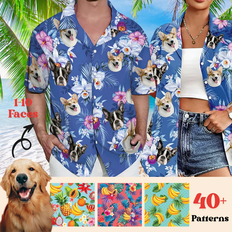 Personalized Photo Hawaiian Shirt Custom Dog Cat Face Holiday Tropical Pattern Shirt for Men Women Birthday Bachelor Party Gift Summer
