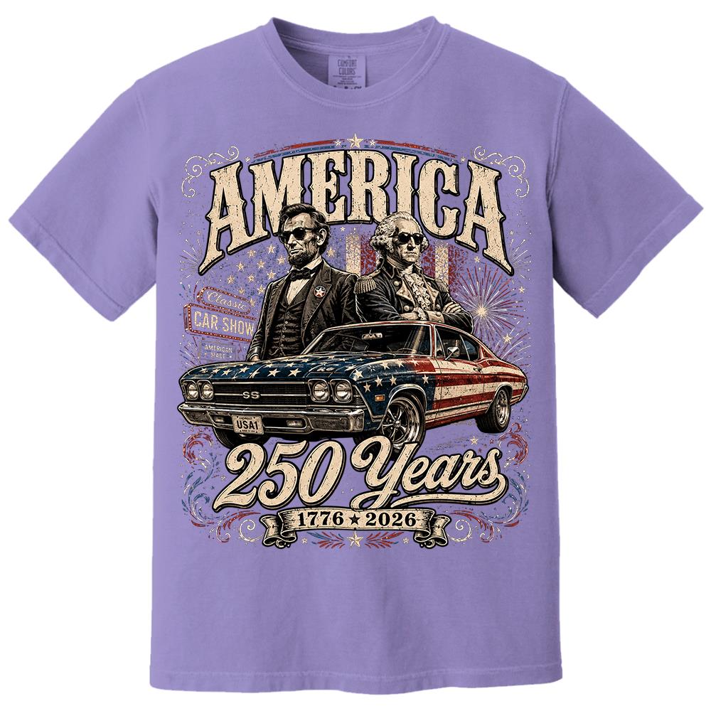 250 Years America Anniversary Classic Car Shirt, George Washington & Lincoln Playing Guitar, Funny 4th of July Tee For Car Lovers Hv01
