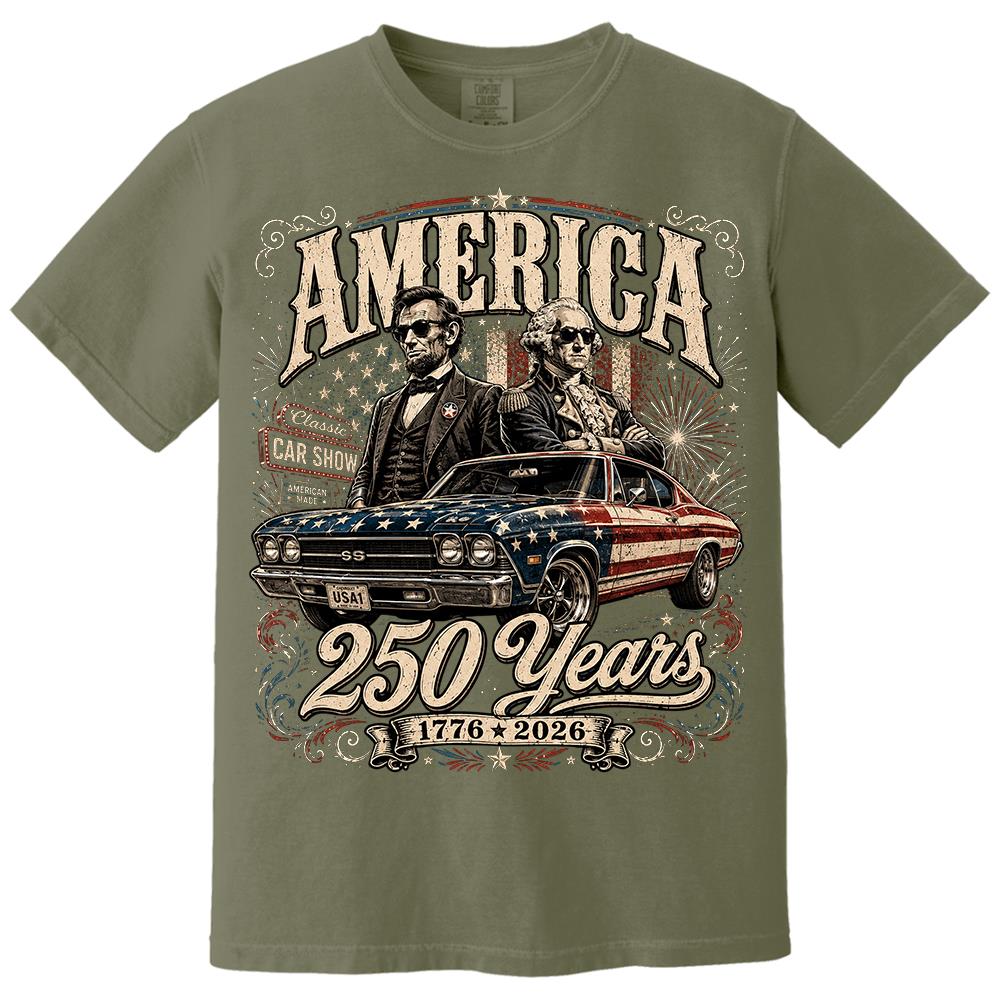 250 Years America Anniversary Classic Car Shirt, George Washington & Lincoln Playing Guitar, Funny 4th of July Tee For Car Lovers Hv01
