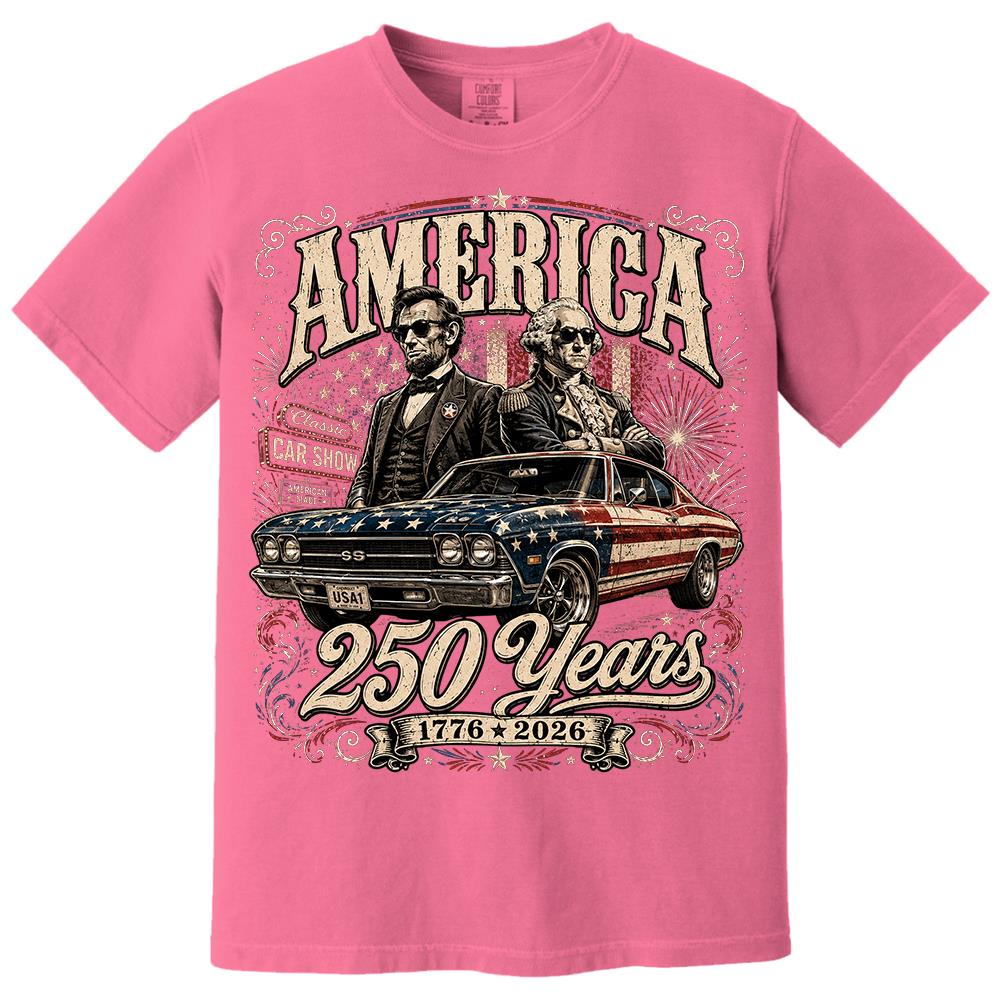 250 Years America Anniversary Classic Car Shirt, George Washington & Lincoln Playing Guitar, Funny 4th of July Tee For Car Lovers Hv01