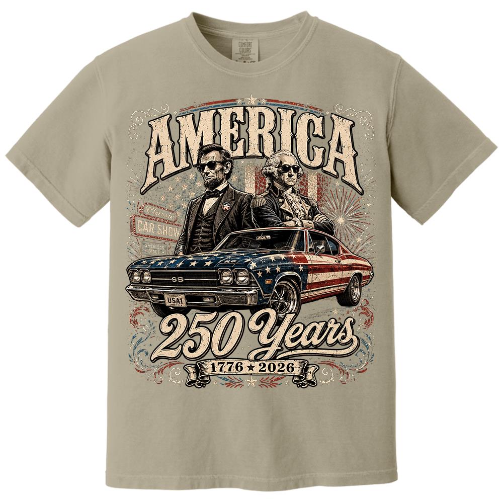 250 Years America Anniversary Classic Car Shirt, George Washington & Lincoln Playing Guitar, Funny 4th of July Tee For Car Lovers Hv01