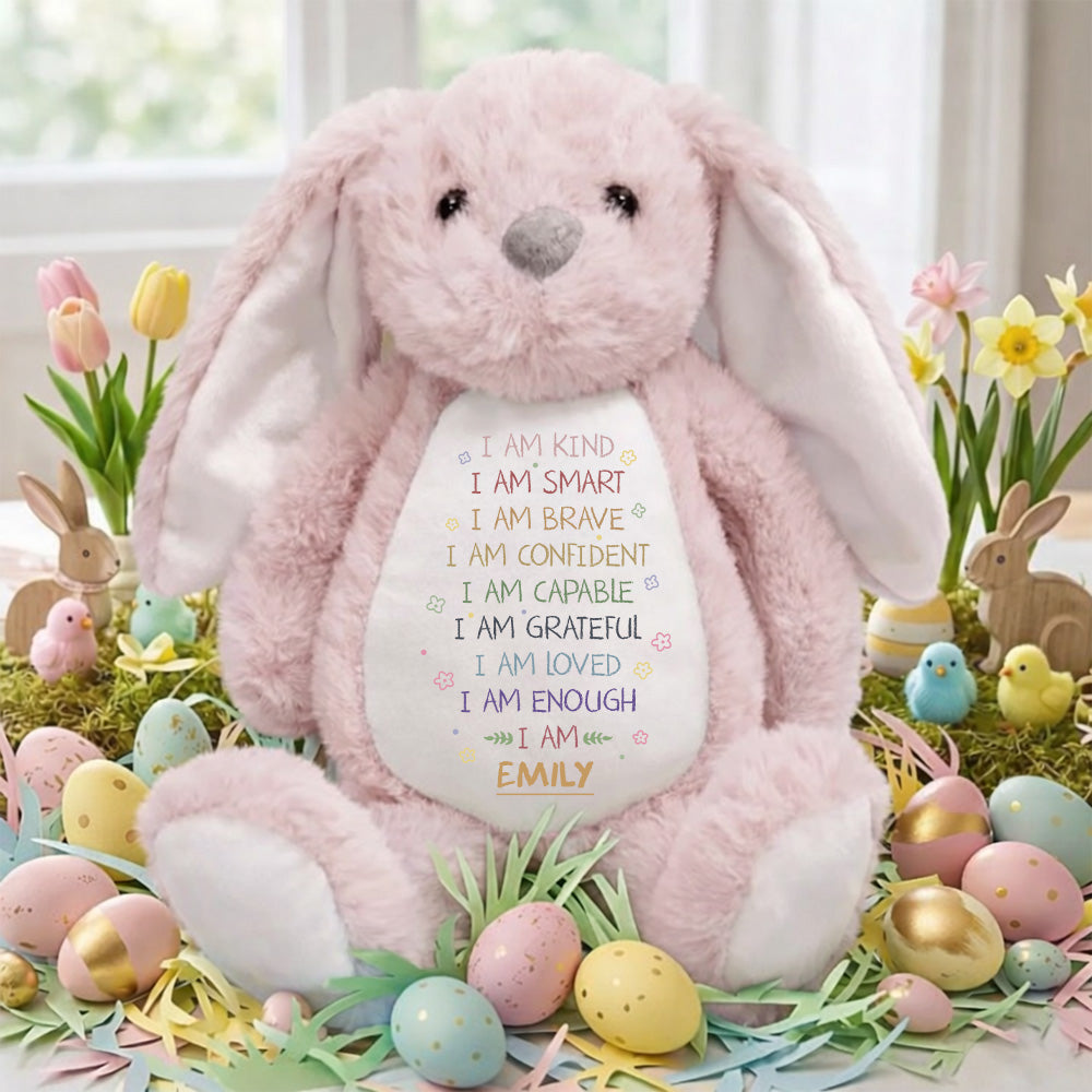 Personalized Easter Bunny Affirmations Soft Toy, Custom Name I Am Kind Smart Brave Plush, Kids Positive Gift, Toddler Easter Basket Stuffer Pt99