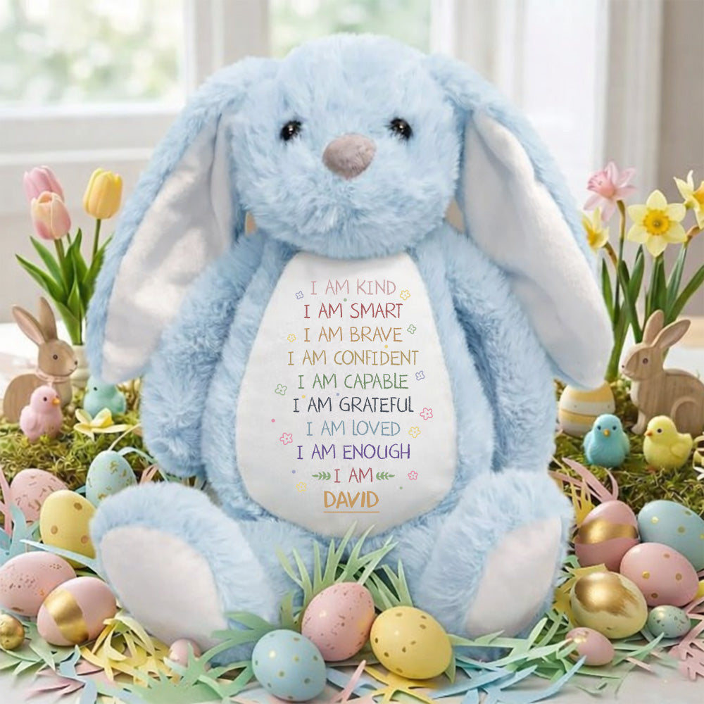 Personalized Easter Bunny Affirmations Soft Toy, Custom Name I Am Kind Smart Brave Plush, Kids Positive Gift, Toddler Easter Basket Stuffer Pt99