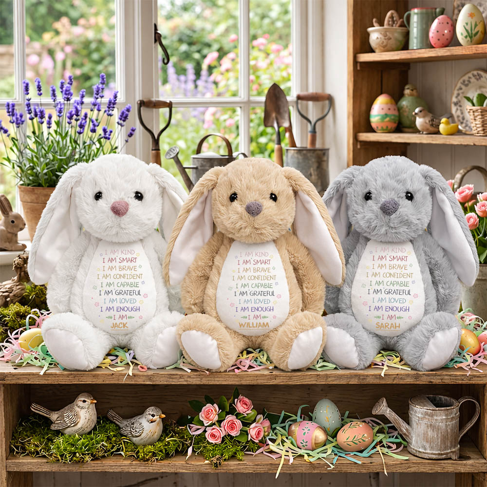 Personalized Easter Bunny Affirmations Soft Toy, Custom Name I Am Kind Smart Brave Plush, Kids Positive Gift, Toddler Easter Basket Stuffer Pt99