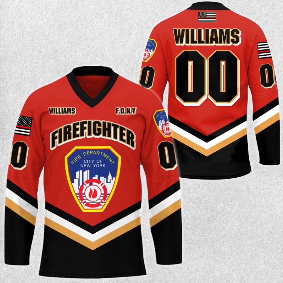 Personalized US Firefighter Hockey Jersey Custom Dept Name Number Thin Red Line Flag H2511 Trna