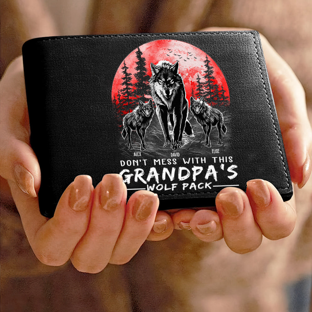Grandpa Wolf Pack Personalized Leather Wallet - Perfect Father's Day Gift for Grandfather & Dad - Unique Men's Personalized Leather Wallet