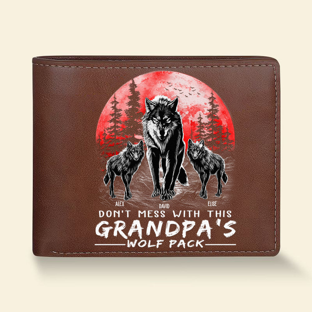 Grandpa Wolf Pack Personalized Leather Wallet - Perfect Father's Day Gift for Grandfather & Dad - Unique Men's Personalized Leather Wallet