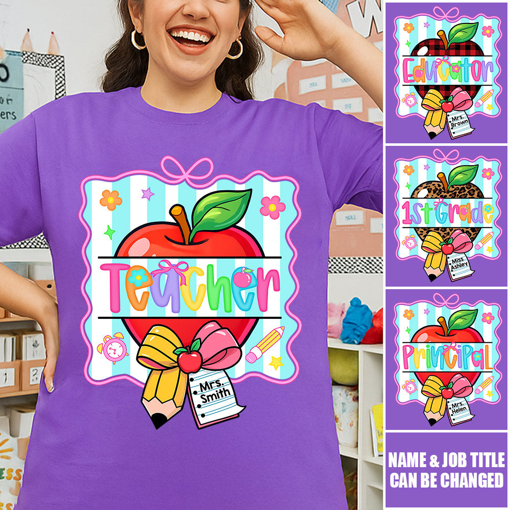 Personalized Teacher Shirt With Apple & Pencil Bow,Back to School Teacher, Appreciation Gift For Teacher Tu24 Do99