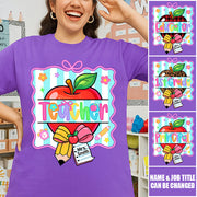 Personalized Teacher Shirt With Apple & Pencil Bow,Back to School Teacher, Appreciation Gift For Teacher Tu24 Do99