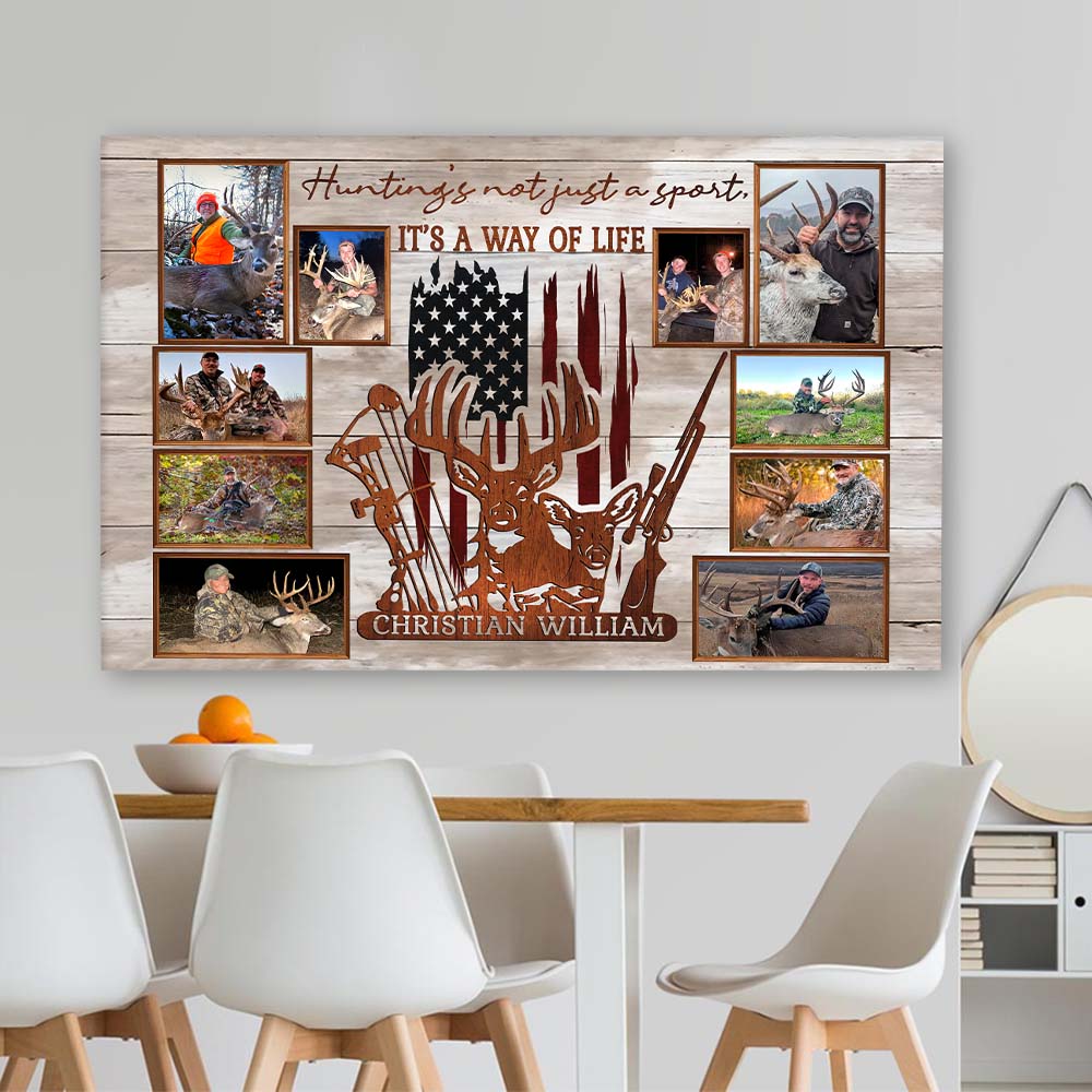 Custom Upload Photo Hunting Canvas Print, Hunting's Not Just A Sport, It's A Way Of Life American Flag Deer Decor For Hunter Nh00