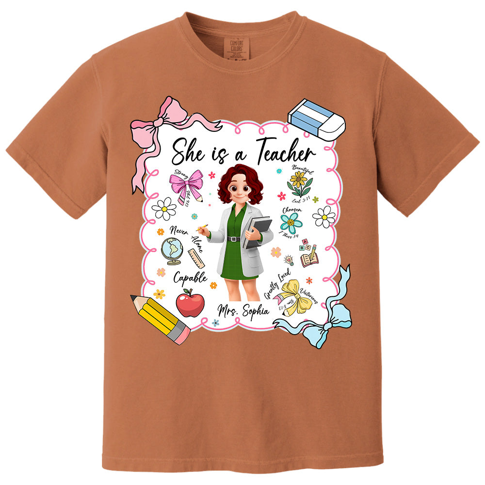 Personalised She Is A Teacher Shirt, Custom Name Teacher Appreciation Gift T1807 Pt99