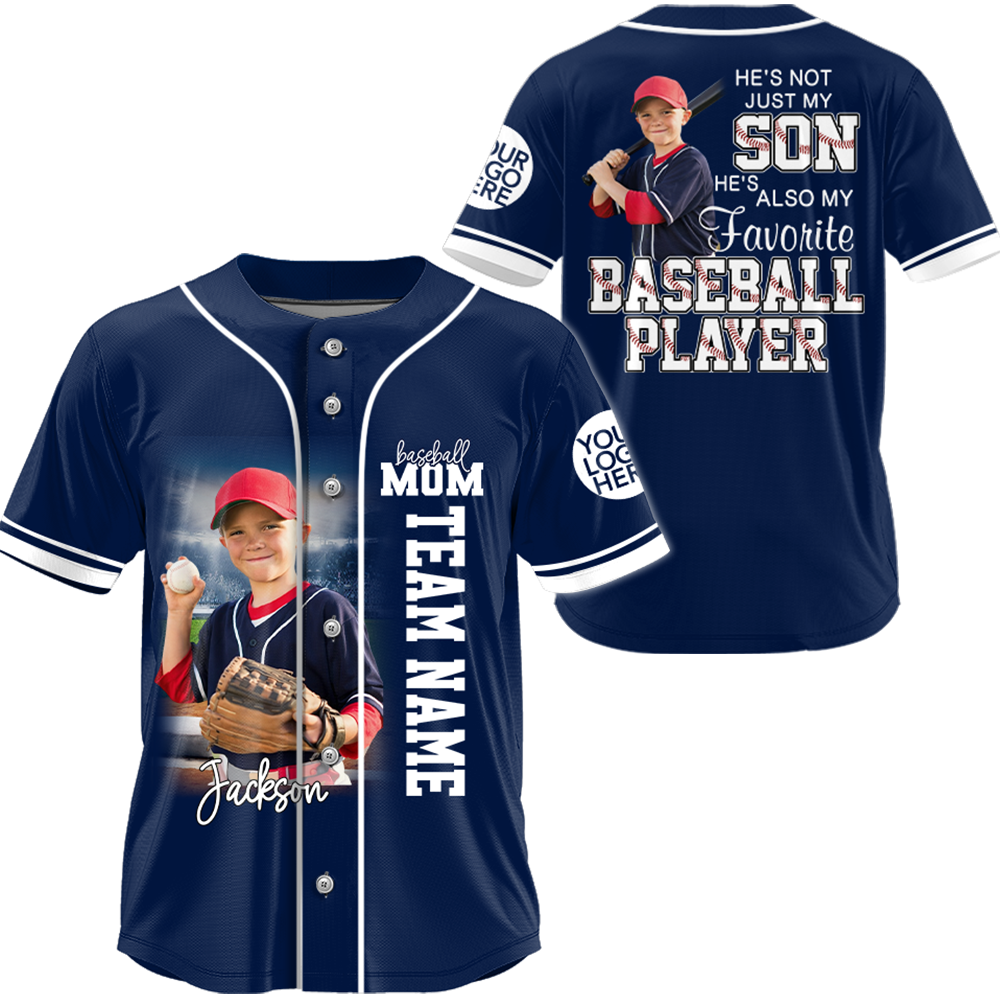 Custom Baseball Mom Jersey With Photo – Personalized Baseball Player Shirt – He’s Not Just My Son He’s My Favorite Baseball Player T24