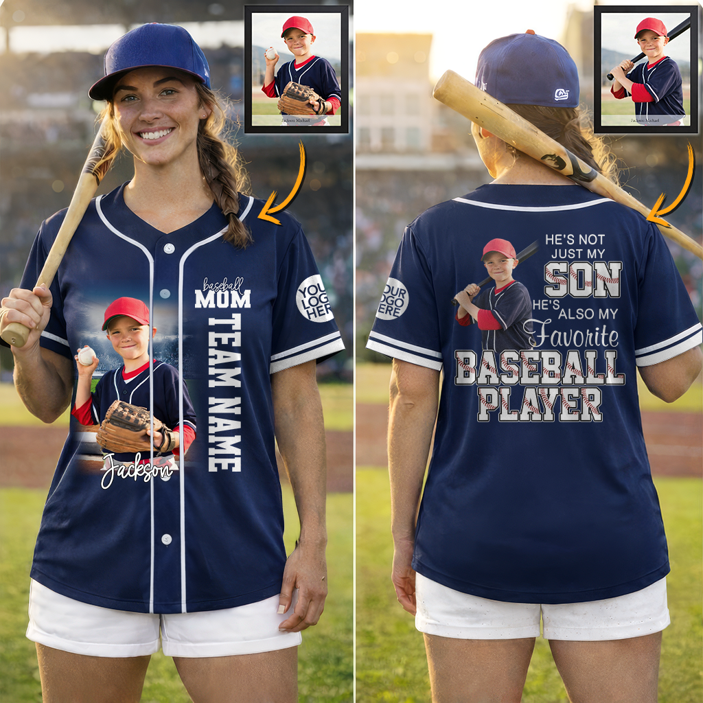 Custom Baseball Mom Jersey With Photo – Personalized Baseball Player Shirt – He’s Not Just My Son He’s My Favorite Baseball Player T24